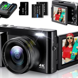 4K Digital Camera for Photography, UHD Autofocus 48MP 180° Flip Screen 16X Zoom Compact Point Shoot Vlogging Camera for YouTube with 2 Batteries, 32GB Card (Black)